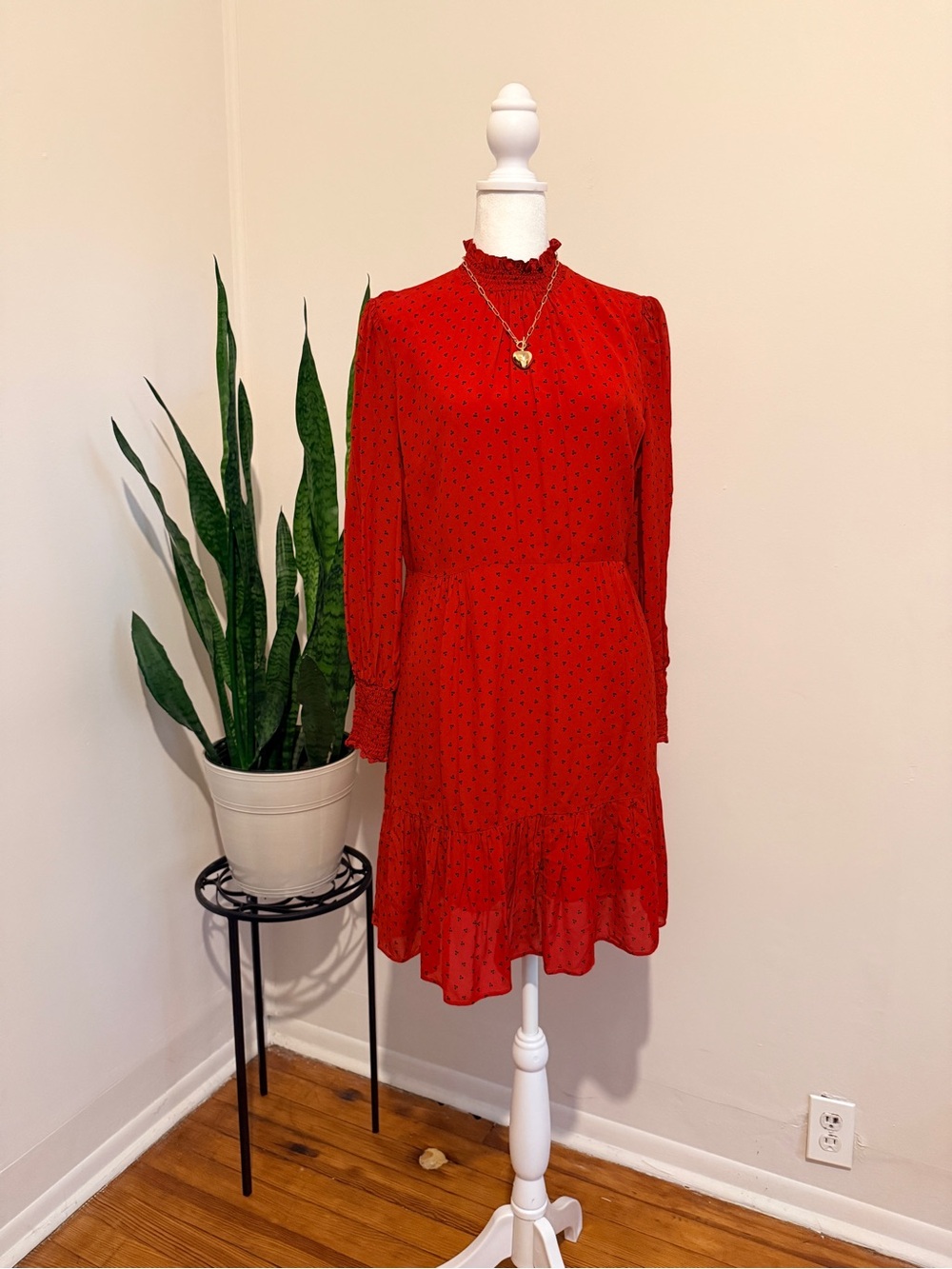 Boden | Red Mini Print Long-Sleeve Ruffle-Neck Dress